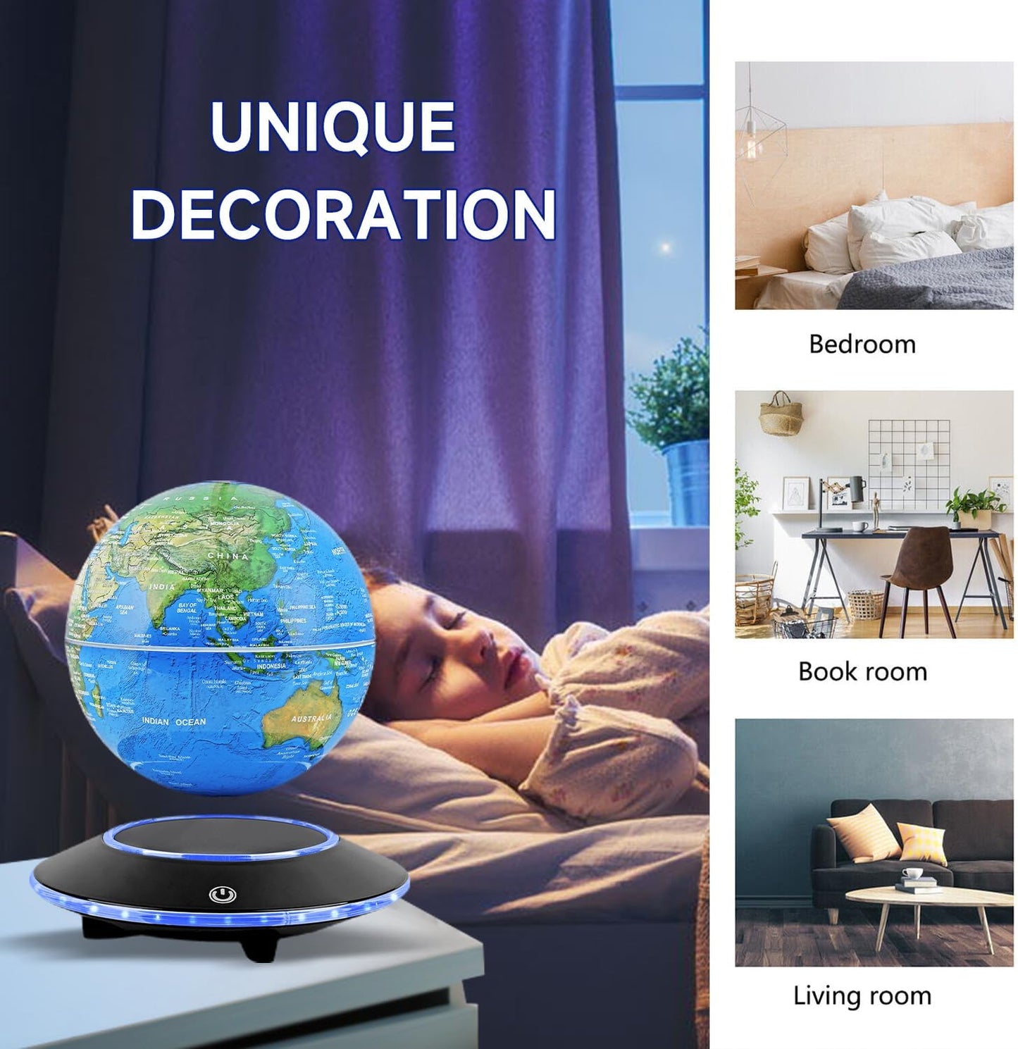 Levitating Globe with White LED Light, Magnetic Floating World Map Globes 360 Degree Rotating Display Mood Lamp Night Lights for Home Office Desk Decoration Birthday Gifts