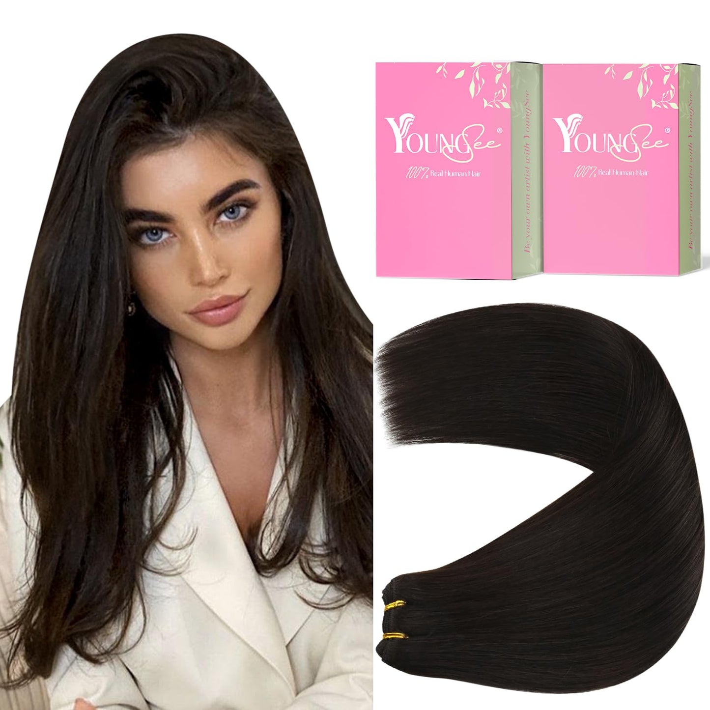 YoungSee Sew in Hair Extensions Real Human Hair Brown Human Hair Sew in Extensions Darkest Brown Silky Texture Weft Human Hair E