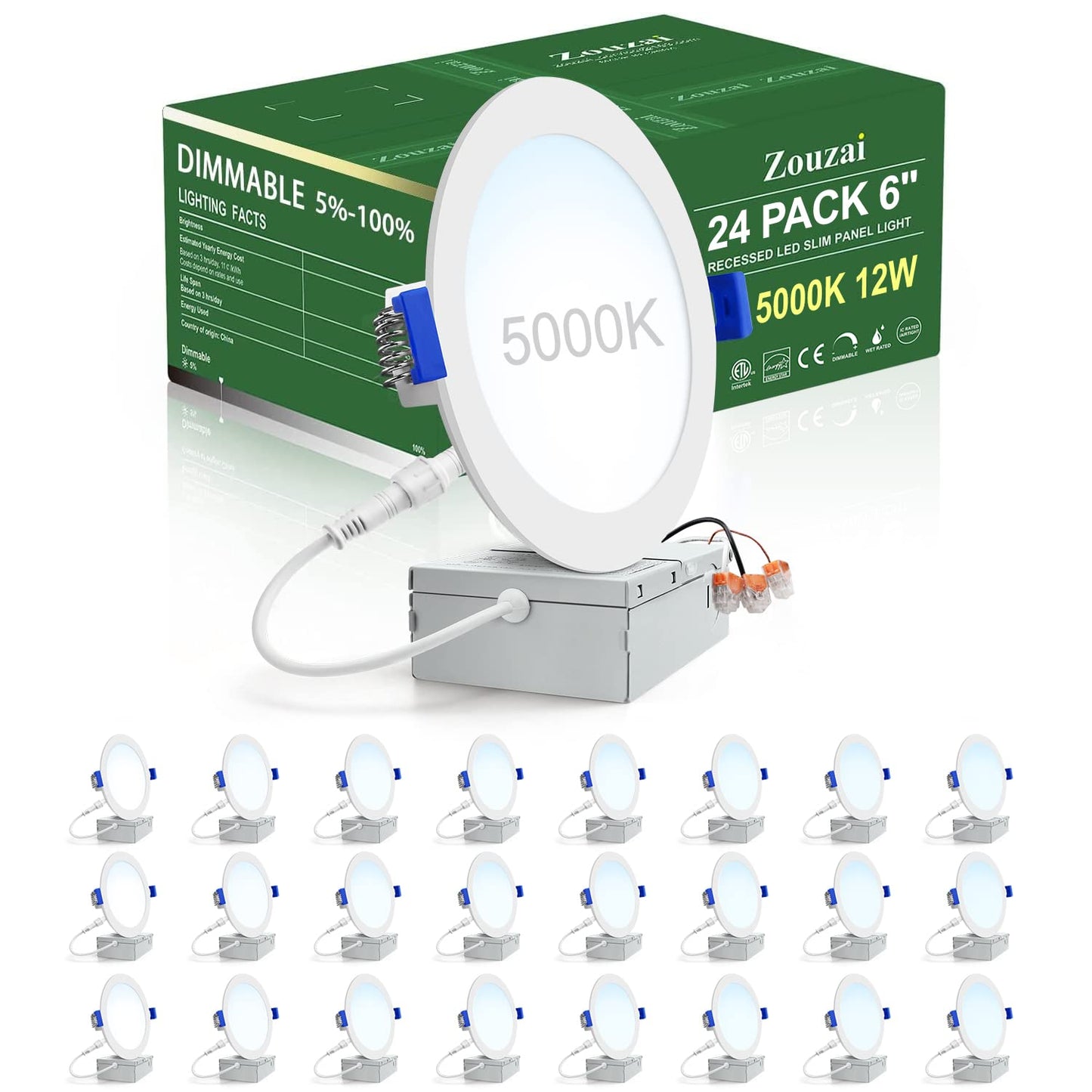 zouzai 24 Pack 6 Inch Ultra-Thin LED Recessed Ceiling Light with Junction Box, 5000K Daylight, 12W 110W Eqv, Dimmable Can-Killer Downlight, 1080LM High Brightness - ETL and Energy Star Certified