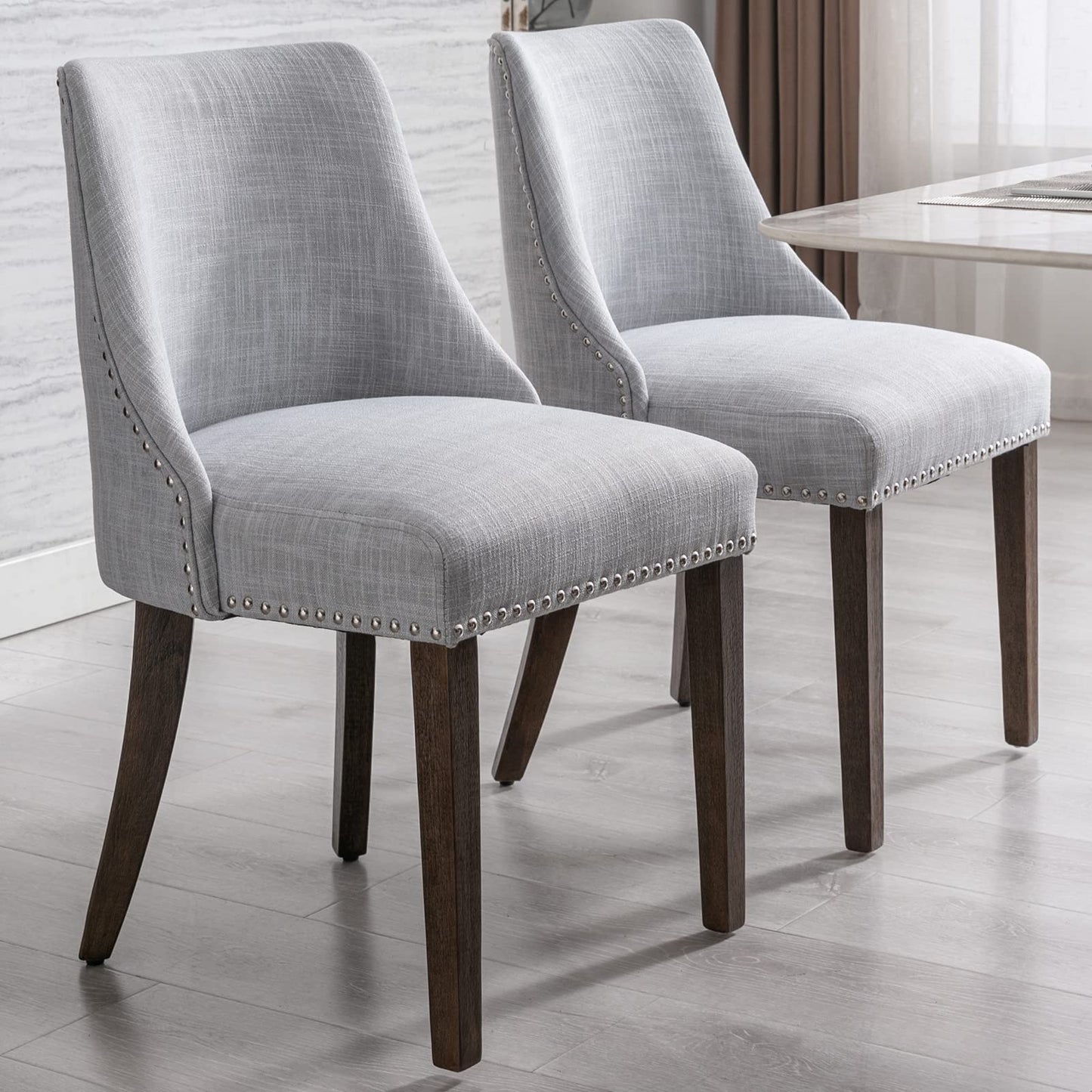 LZAREAL Linen Dining Chairs Set of 2 Upholstered Accent Chair with Nailhead Trim & Solid Wood Legs, Mid Century Modern Side Chair for Kitchen/Dining/Living/Bedroom, Linen Grey