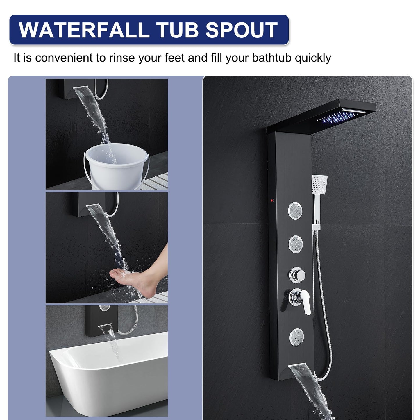 ROVATE LED Shower Panel Tower System with Rainfall Waterfall Shower, Black Shower Tower with Jets and Rainfall and Handheld, 5 in 1 Stainless Steel Shower Column High Pressure with Tub Spout