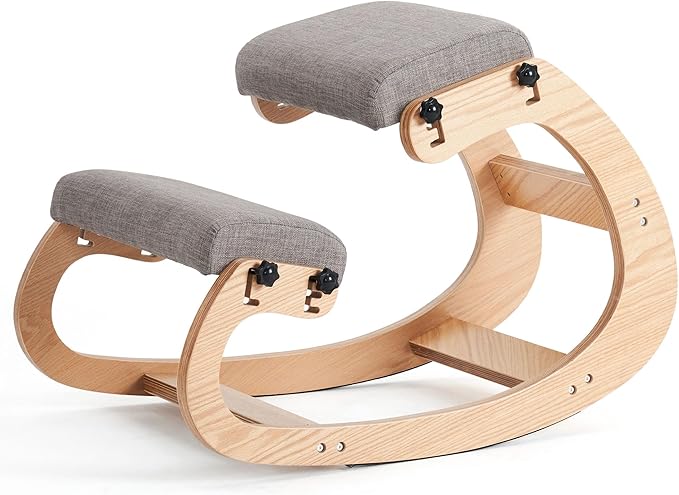 MoomJiee Ergonomic Kneeling Chair,Adjustable Rocking Knee Chair for Home Office,Wooden Office Chair for Back Pain Relief, Grey