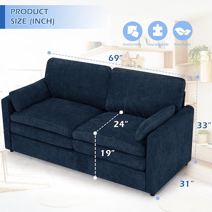 ACMEASE 3 Pieces Chenille Sofa Set w/Arm Pillows, Upholstered 2 Pieces Loveseat & 3 Seater Sofa w/Comfortable Back Cushions, Modern 2-Seat & 3-Seat w/High-Density Foam for Living Room, Blue