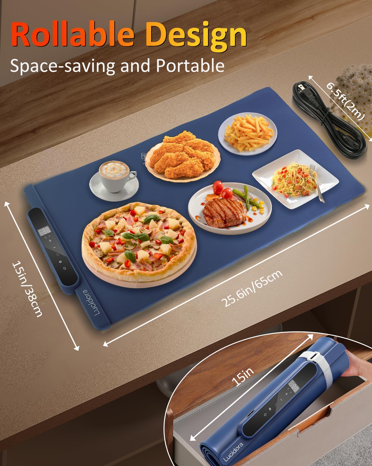 Lucidora Food Warming Mat, Electric Rollable Food Warmer 10 Levels Temperature & 10-Hour Timer Large Warming Tray with Child Lock for Parties & Buffet, Extra-Long 6.5ft Cord, Navy Blue