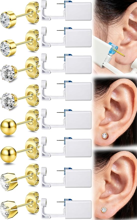 Get the Perfect Ear Piercing with 24Pcs Premium Ear Piercing Kit - Includes 8 CZ Stones Earrings and 8 Easy-to-Use Self Ear Piercing Gun - Safe and Painless - Style 1