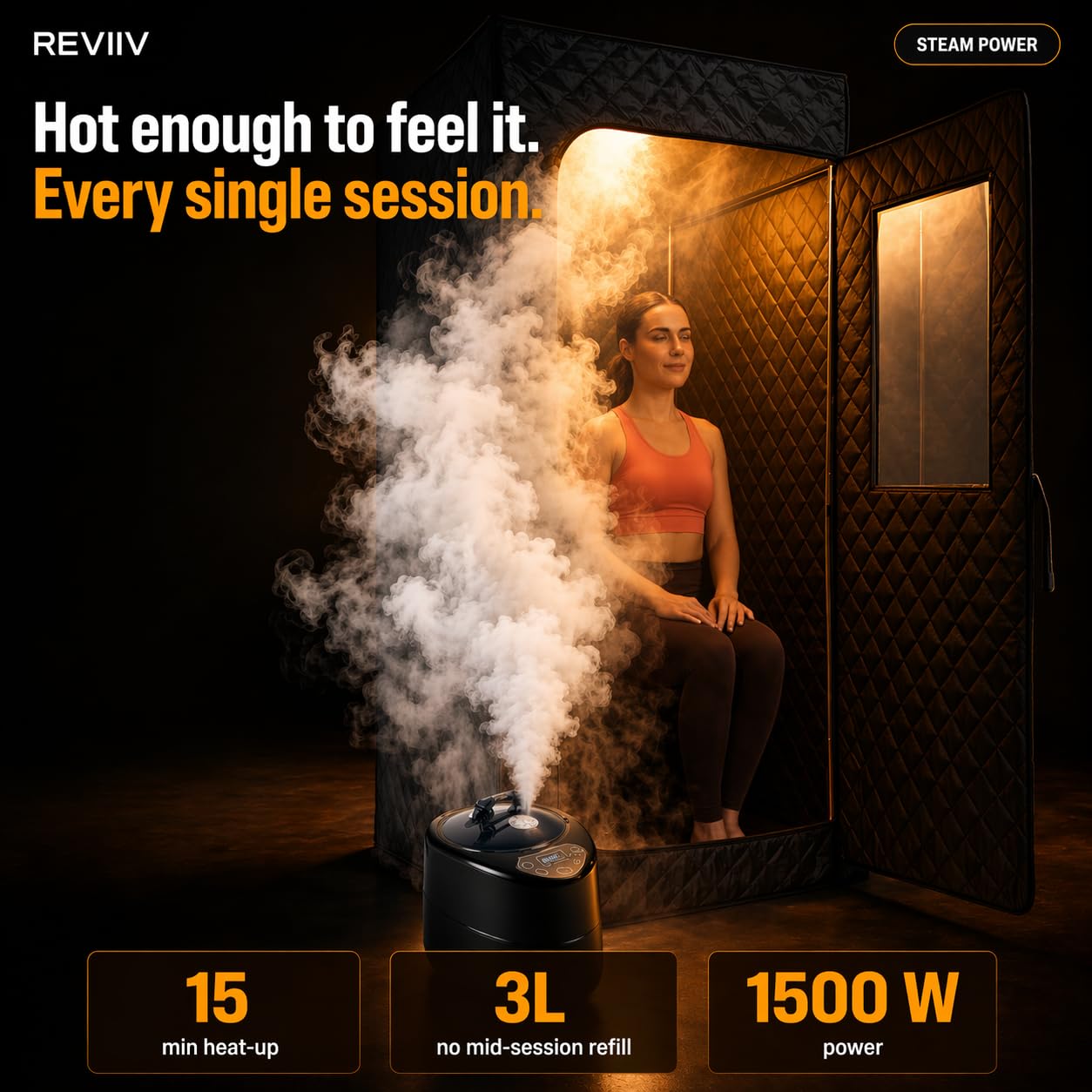 Portable Steam Sauna Box for Home, 1500W Full Body Personal Sauna Tent + Chair, Foldable, XL 71" (Fits 6'2"), 9 Heat Levels, Steam Sauna for Weight Loss, Muscle Recovery, Skin Health & Detox – BioGlow