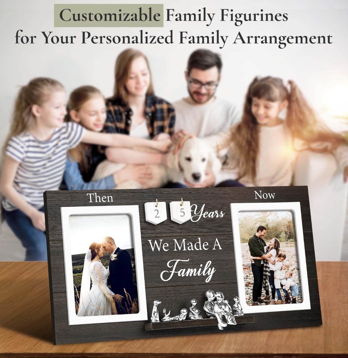 DREAMORIE Then & Now Anniversary Picture Frame with Tin Family Figurines – Rustic Wooden 10th Wedding Gift for Couples, Custom Number Tiles