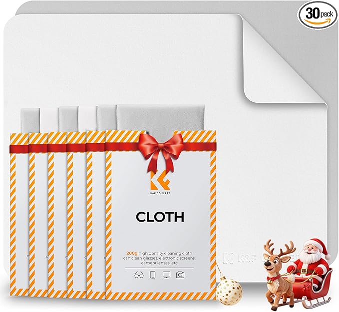 K&F Concept 30 Pack Lens Cleaning Cloth | Microfiber Cleaning Cloth | Glasses Cleaning Cloths | Eyeglass Lens Cleaner | Eyeglasses, Camera Lens, VR/AR Headset, and Screen Cleaning | White & Grey