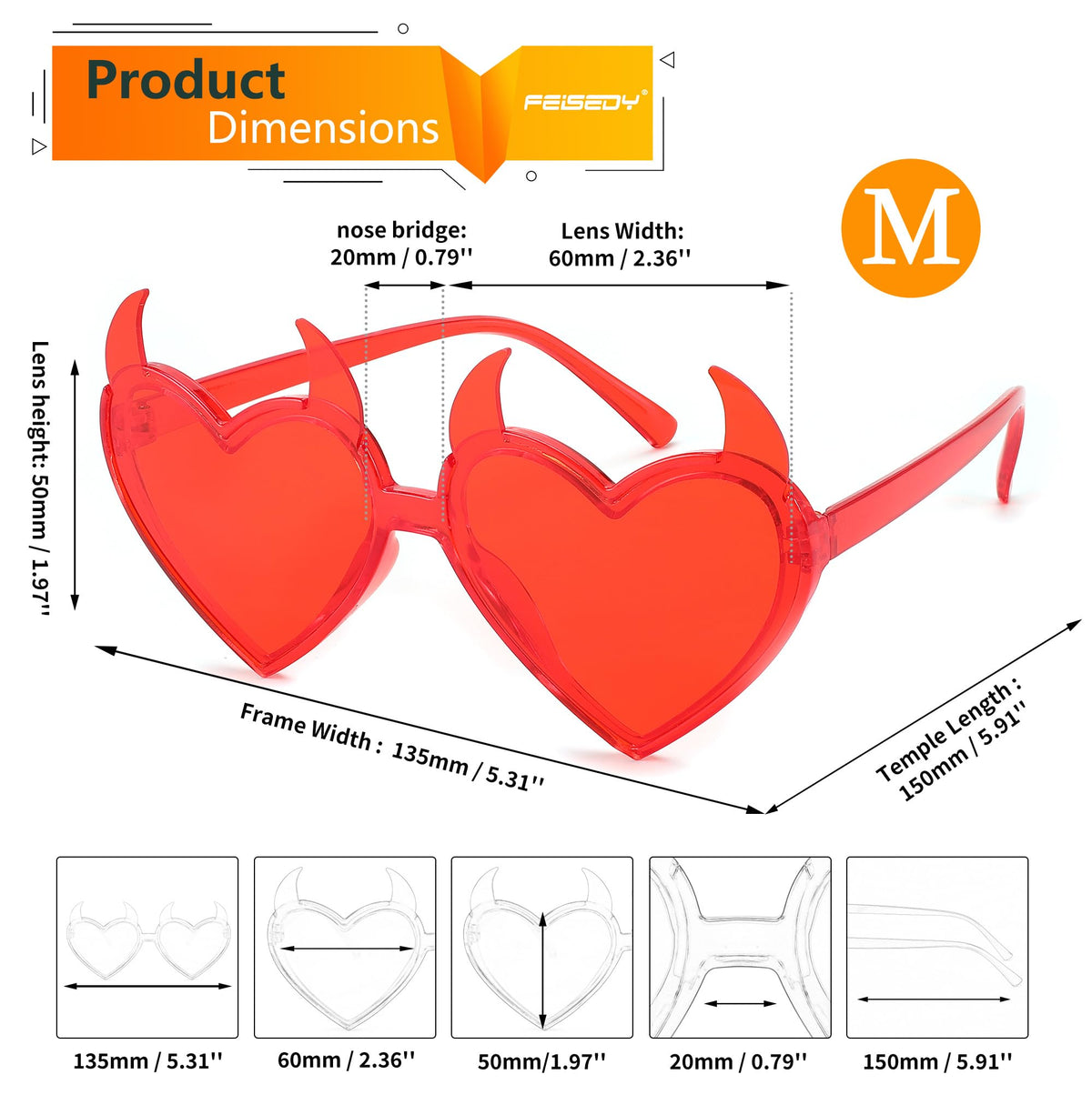 FEISEDY Sunglasses Women Men, Halloween Party Disco Trendy Love Sun Glasses, Rimless Heart Devil Ear Frame B0054