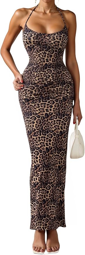 SOFIA'S CHOICE Cheetah Print Dress Leopard Halter Neck Long Tight Bodycon Spaghetti Strap Maxi Dress