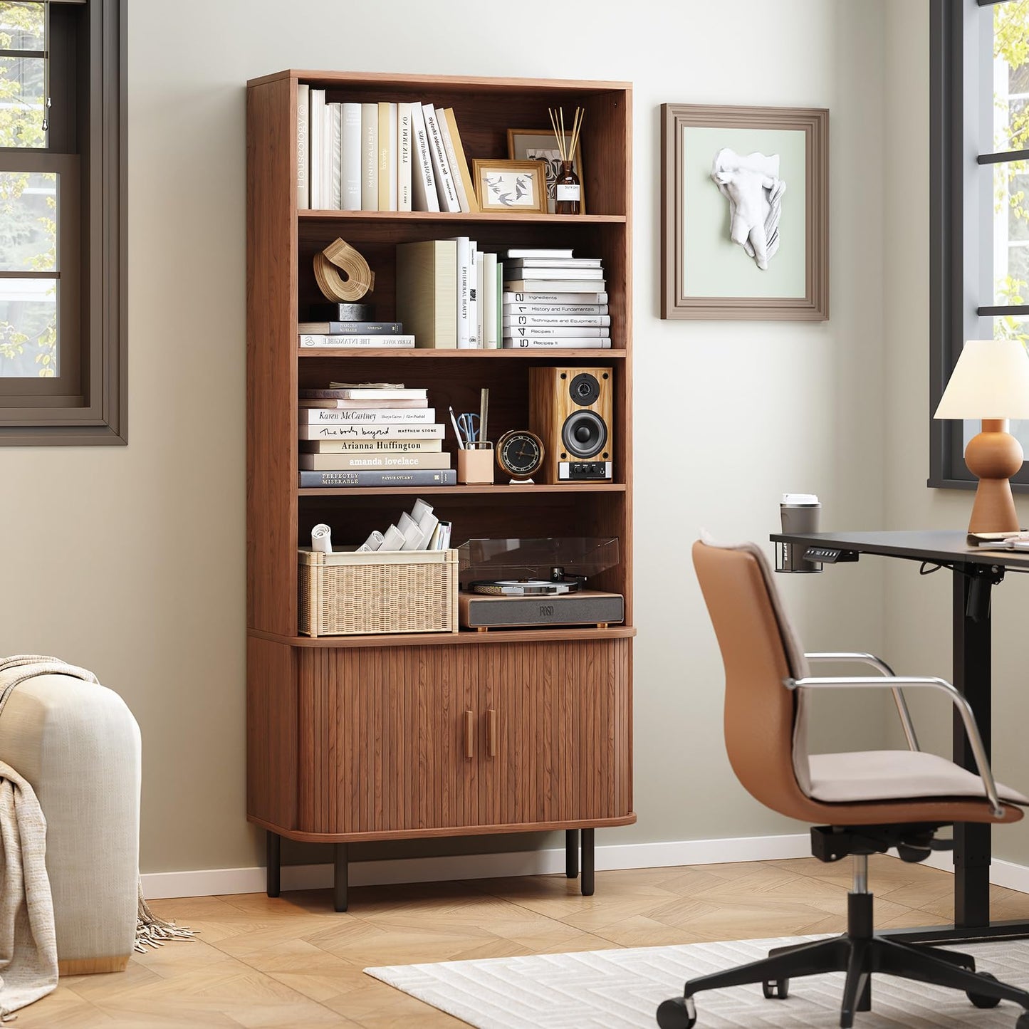 ONBRILL 71" Tall Bookshelf, 4-Tier Bookcase with Storage Cabinet & Adjustable Storage Shelves, Floor Standing Wooden Bookshelf with Sliding Door and Adjustable Footpad, for Home Office, Living Room