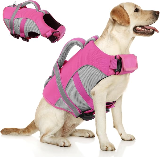 Queenmore Dog Life Vest for Swimming, Adjustable High Visibility Dogs Life Jacket, Dog Lifesaver with Superior Buoyancy an...