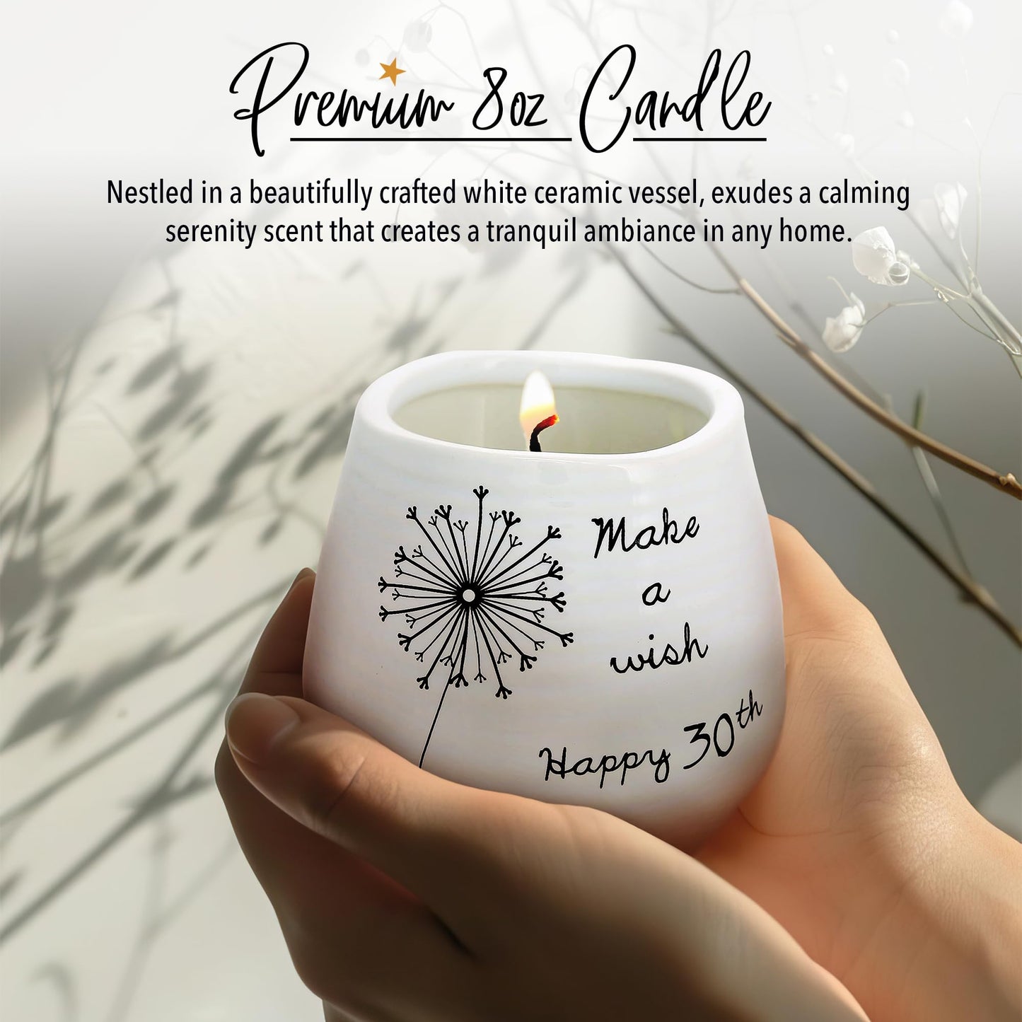 Pavilion - 8 Oz Candle Holder - White Ceramic Candle Jar with 100% Soy Wax Candle Serenity Scent "Make a wish Happy 30th" Ideal Gift for Loved Ones - Printed Text, Love Theme & Oval Shape