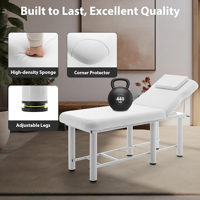 Professioanl Massage Table w/Adjustable Backrest for Treatment Table Spa Facial Bed Barber Beauty Equipment, Metal Frame PU Leather, Removable Headrest Salon Bed, White