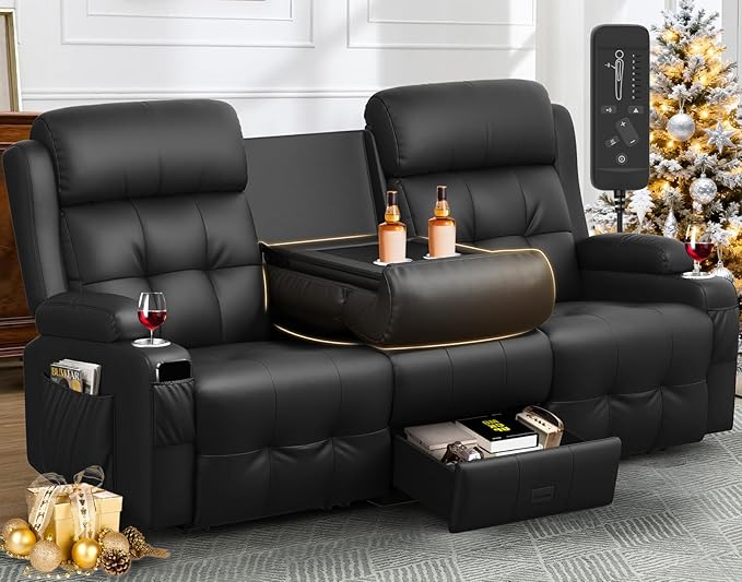 Aotolo Recliner Sofa, Massage Reclining Sofa 3 Seater Sets Heavy Weight Capacity, RV Loveseat Couch Clearance with Flip Back Console, Storage, Cup Holders, Wall Hugger Reclining Couch for Living Room