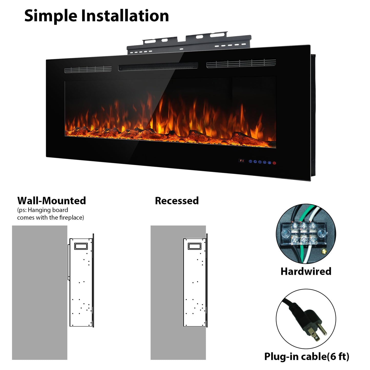 Dreamflame Electric Fireplace 36inches, Wall-Mounted & Recessed Fireplace Inserts, Multicolor Flame w/5 Dimmer, Remote Control Thermostat, Timer, Overheating Protection, Hardwire Connect, 1500W,Black