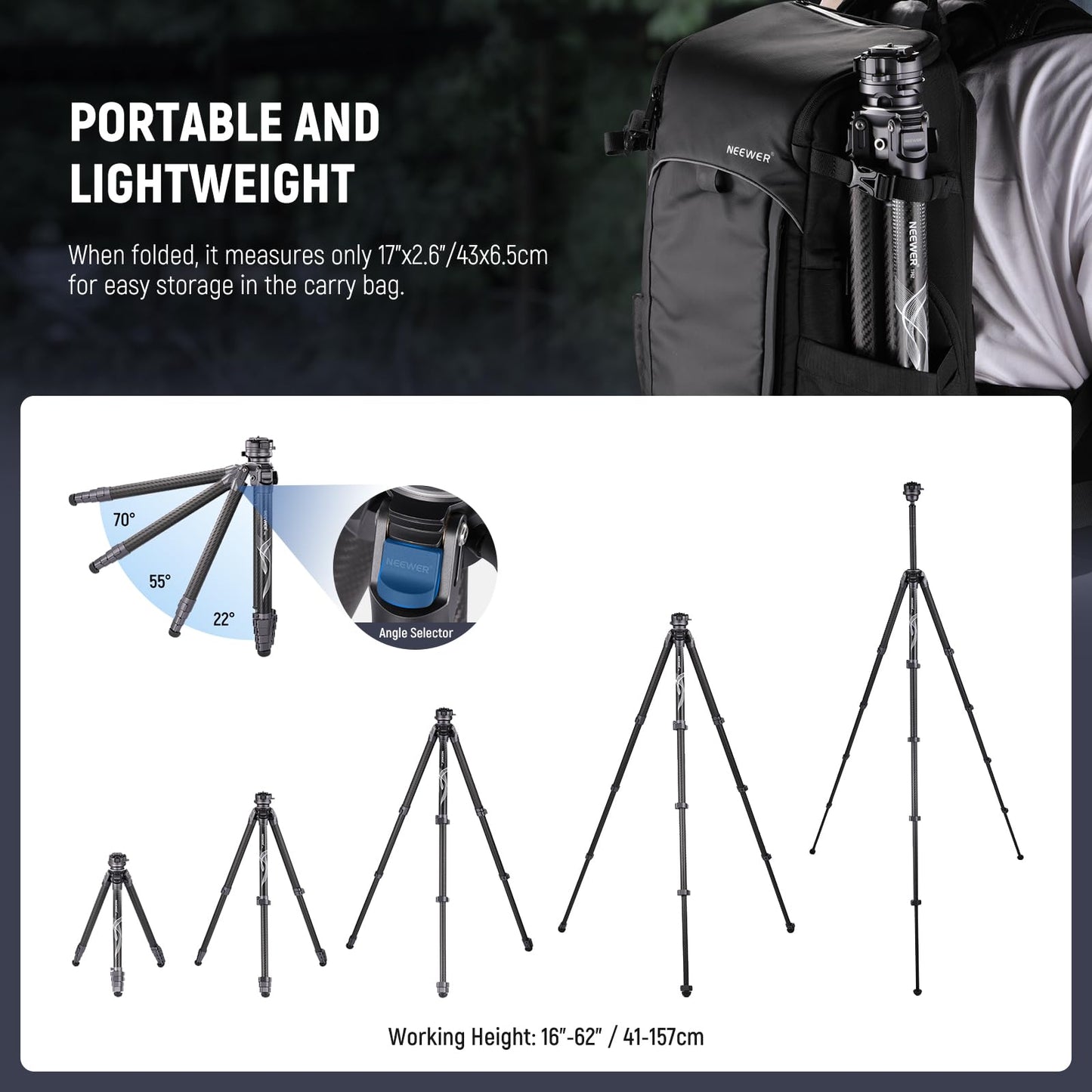 NEEWER LITETRIP LT32 62" Travel Tripod Carbon Fiber with ±15° Leveling 360° Panorama Head, Detachable Center Axis, Fast Flip Buckle, Arca QR Plate Compatible with PD, (Former TP62)