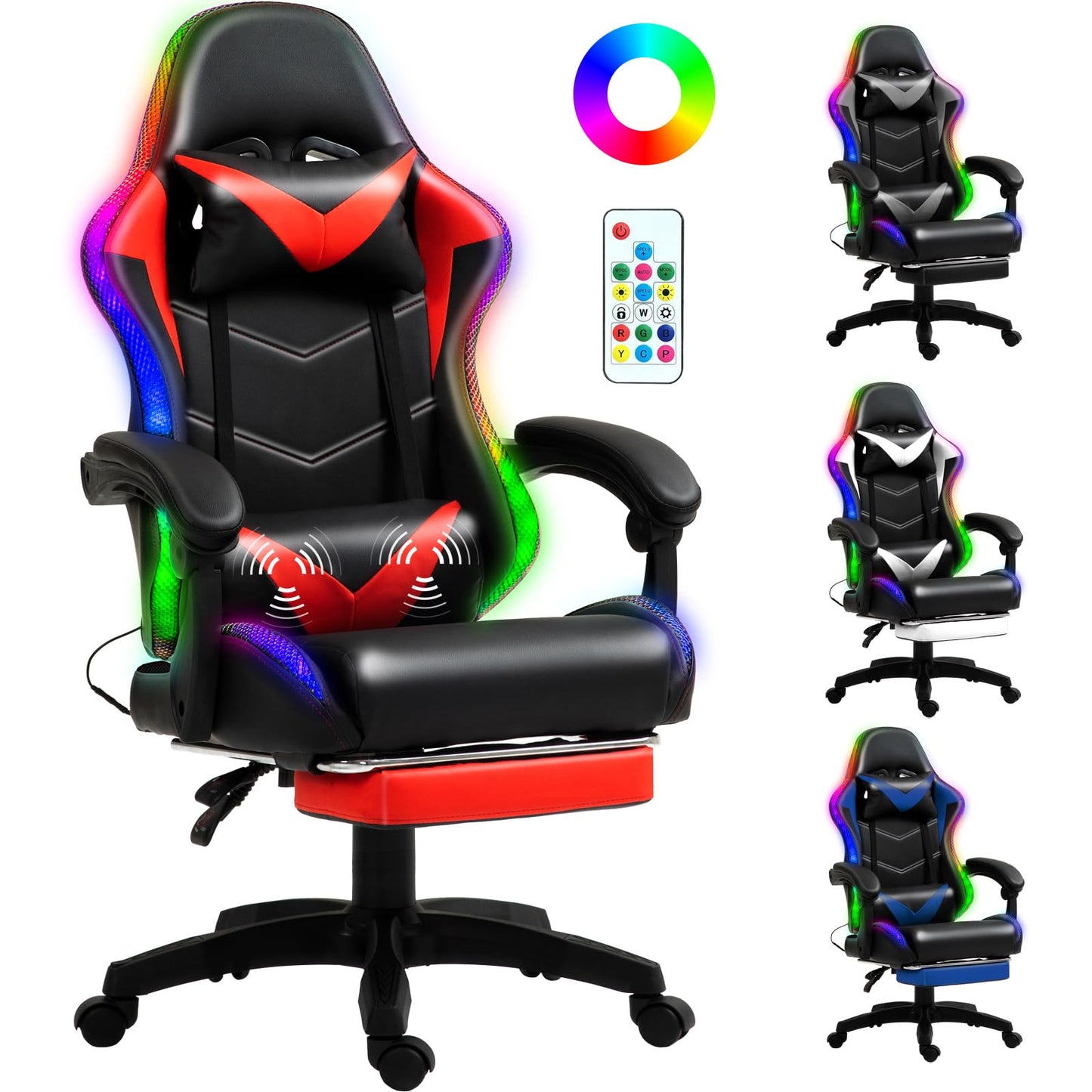 Czlolo Gaming Chair, Racing Style RGB LED Lights Gaming Chairs for Adults and Kids, Lumbar Massager Gamer Chair, High Back Reclining Computer Chair with Footrest and Headrest (Black/Red)