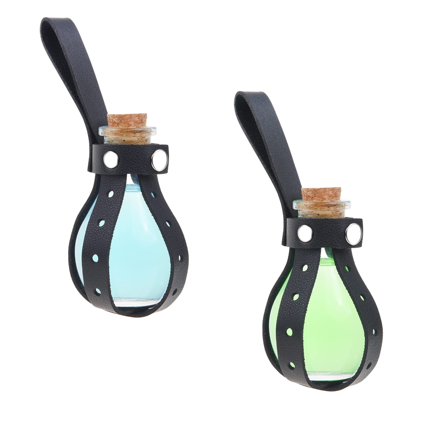 Eco-Fused Cosplay Potion Bottle 2x Small - Clear Spherical Cosplay, Wizard, Witch Costume Accessory - Incl. Cork Stopper, Black Faux Leather Sleeve Holder, Belt Loop
