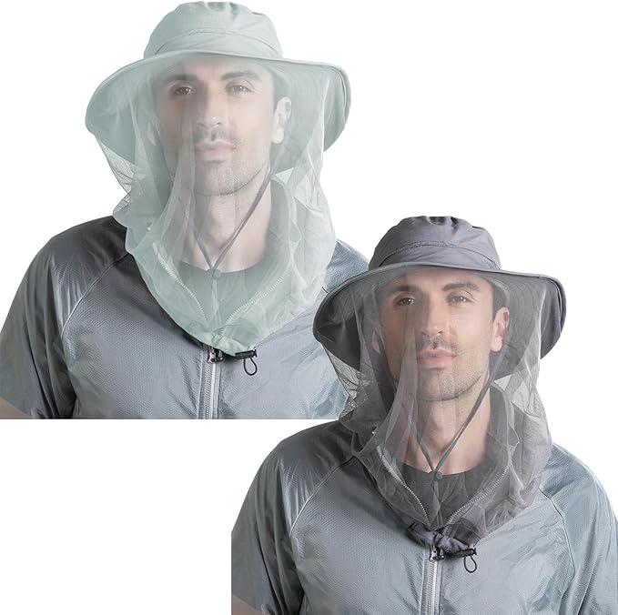 Peicees 2Pcs Head Net Hats for Men Women Adventure Fishing Hat Safari Hat for Hunting Camping Hiking, Light Gray and Dark ...