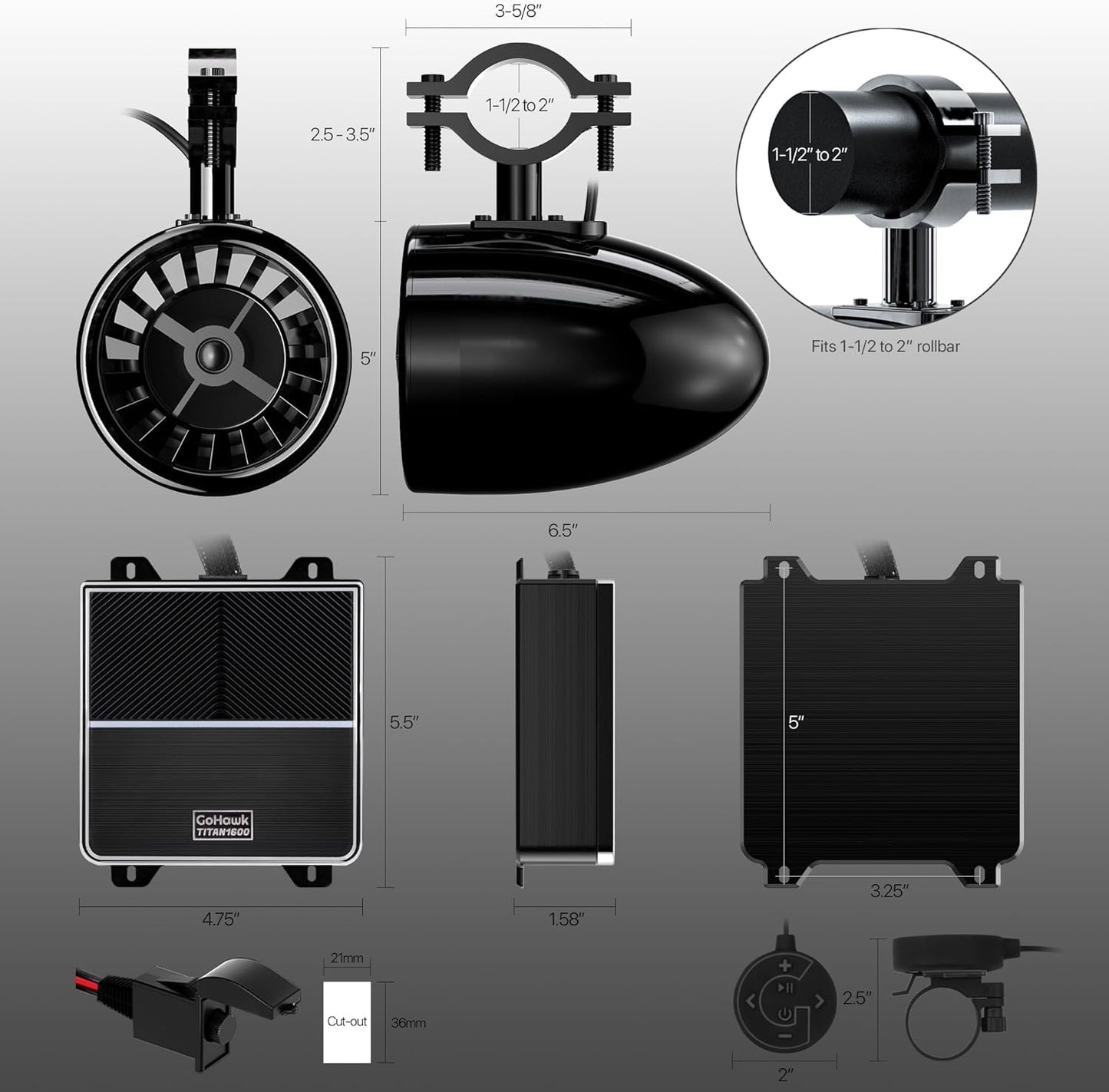 GoHawk Bluetooth UTV Sound System 5 Inch Speakers UTV Sound Bar 8 Speakers (4X Woofer & 4X Tweeter) for UTVs Fits 1.5-2in Roll Cages, Compatible with SXS RZR Polaris Can-Am Wildcat ATVs