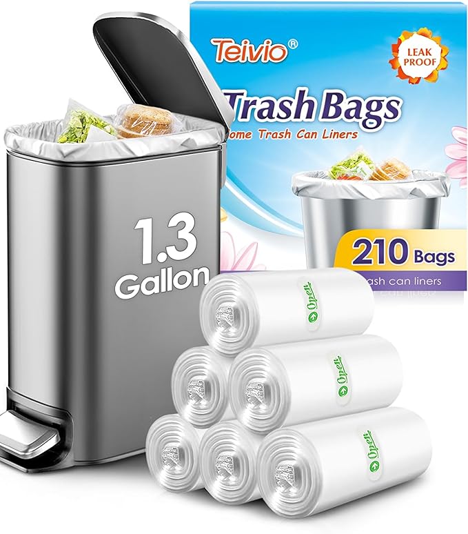 1.3 Gallon(Fit 1.2-1.3 Gal)210 Counts Strong Trash Bags Garbage Bags by Teivio,Small Waste Basket Liners,Fit 1,1.2,1.3 Gal,Bathroom Trash Can Bin Liners,Plastic Bags for home office kitchen Car,Clear