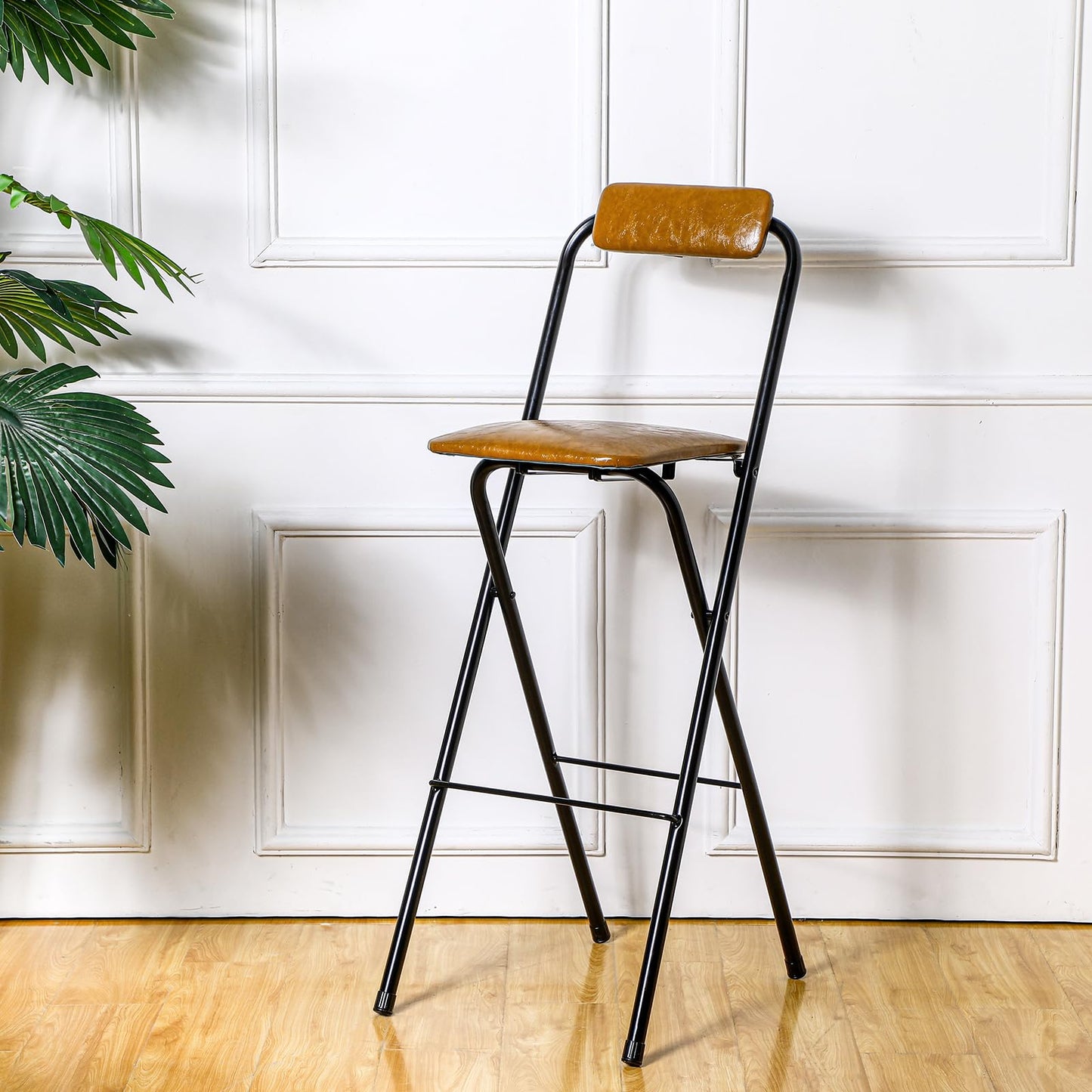 CroBlissful 1 Pcs 25.5'' Folding Bar Stool with Back Tall Brown Leather Folding Stool Cushioned Padded Folding Counter Height Stool Collapsible Portable Barstools for Adults Kitchen Cafe Guitar