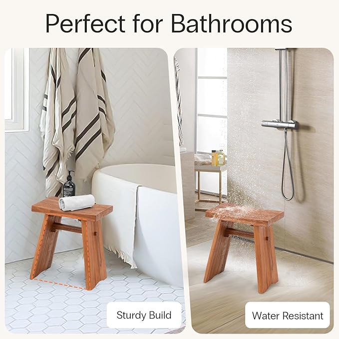 StrongTek Teak Shower Stool, 18-Inch Pre-Oiled Solid Teak Wood Bath Seat Bench for Bathroom, Spa & Home, Ergonomic Curved Seat, Water-Resistant, 350 lbs Capacity, Stable and Durable Design (Natural)