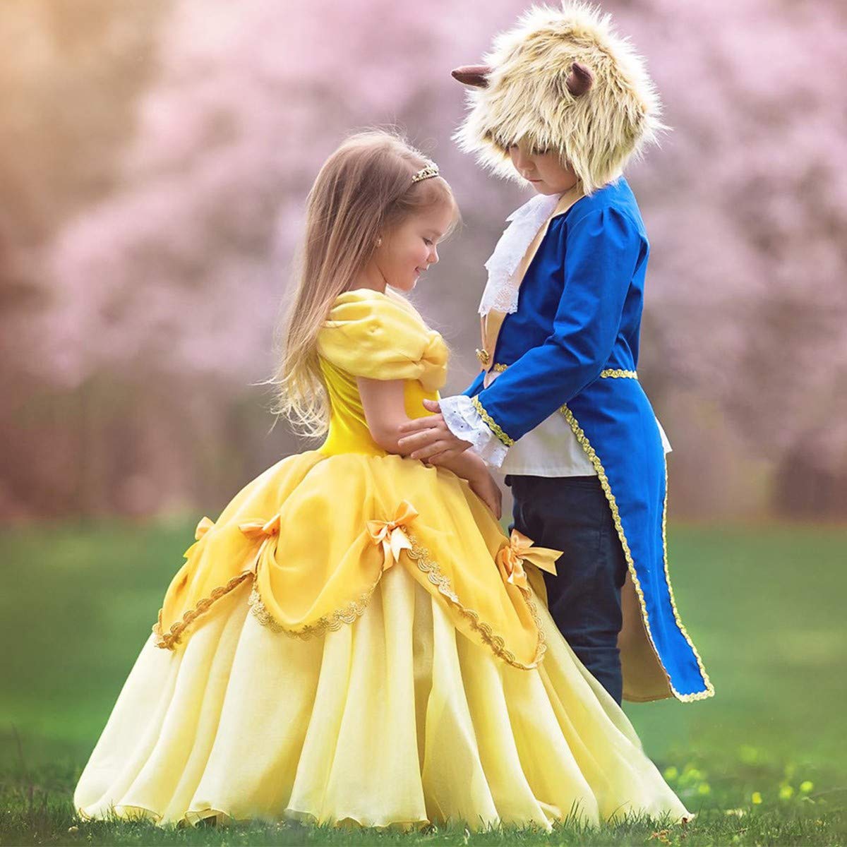 HOIZOSG Belle Princess Dress Up for Girls Beauty and The Beast Halloween Costume Christmas Birthday Party Gown w/Arm Sleeves 10-11T