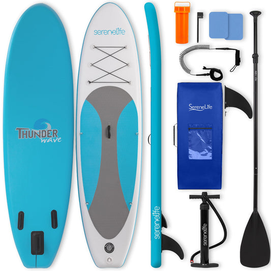 SereneLife Inflatable Stand Up Paddle Board - Wide Stable Design, Non-Slip Deck for Adults & Youth with Premium Paddle Board Accessories: Carry Bag, Dual Action Pump, Paddle, Ankle Leash - 10'