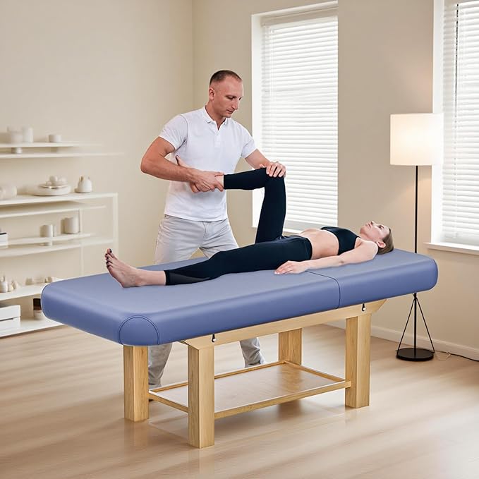 Massage Table 28IN Wide with Hight Adjustable Backrest for Treatment, Blue Leather Professional Spa Bed Load1500 LBS, Spa Table with Storage for Footmassage Facial CareSpa Tattoo