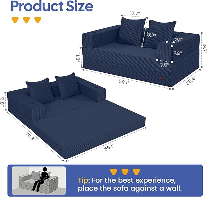 COMAX Futon Sofa Bed, 4‑in‑1 Convertible Sofa Bed, Folding Boneless Couches for Living Room, Fold Out Small Foldable Loveseat Floor Sleeper Comfy Mattress Lounge Space‑Saving, Navy Blue