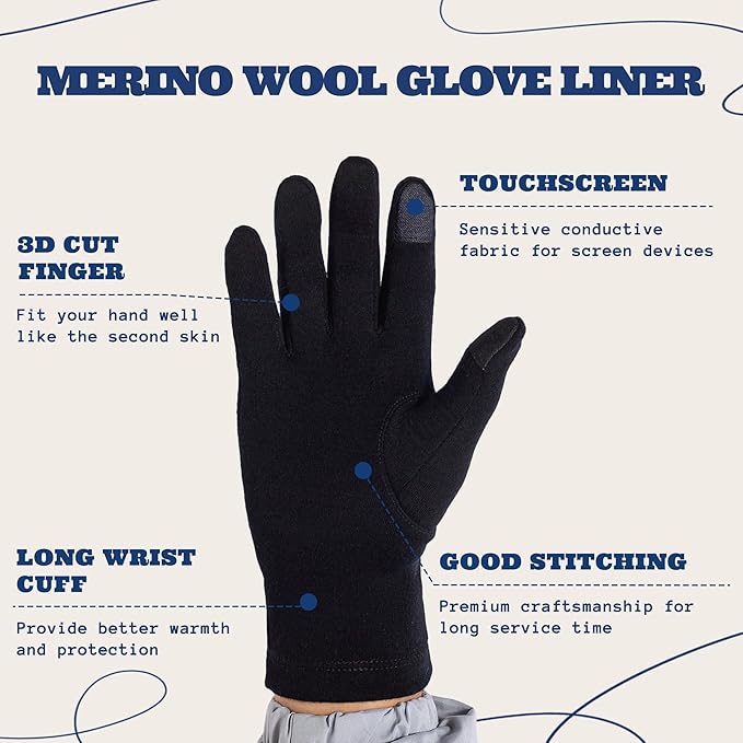 ACUSHLA Merino Wool Glove Liner -Touchscreen Lightweight Base Layer Ski Liner Glove for Men & Women
