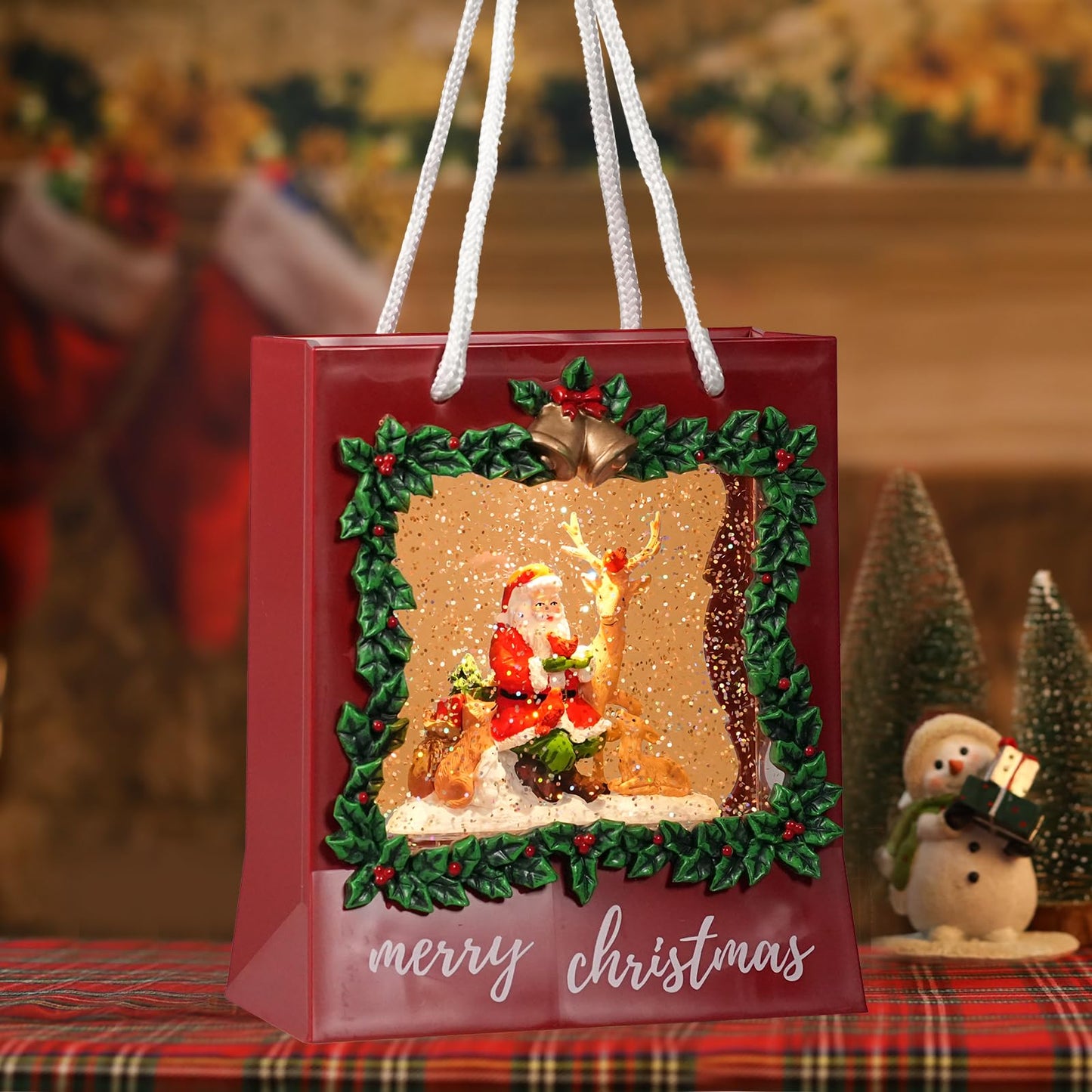 Santa Snow Globe Lantern, Musical Christmas Snow Globes with Swirling Glitter, Santa Claus with Reindeer Lighted Snow Globe Merry Christmas Indoor Holiday Party Gifts and Decorations