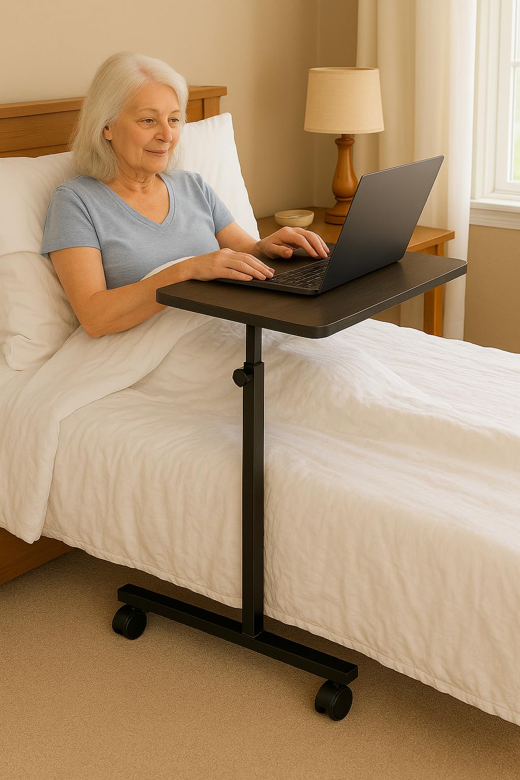 DR. DUNLEY Adjustable Overbed Table on Wheels – Height Adjustable from 30” to 42” – H-Base Rolling Bedside Table for Home, Hospital & Nursing Use – Supports 50 lbs – 15” Wide Surface