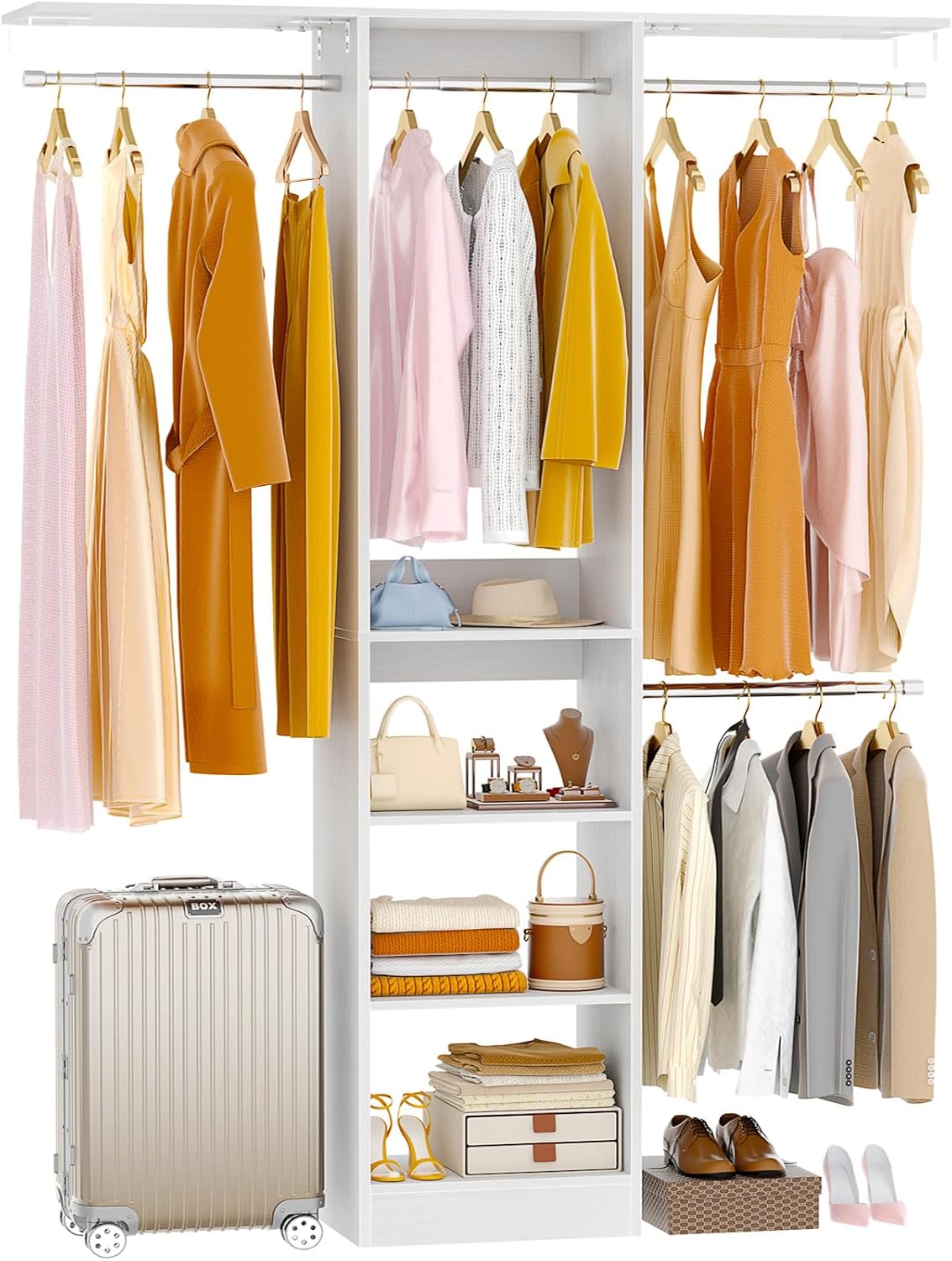 48" Small Closet Organizer, 4FT Small Closet System with 4 Closet Rods & 3 Shelves, 80"H Small Closet Organizers and Storage for Small Bedooms, Cloakrooms, Laundry Rooms, White