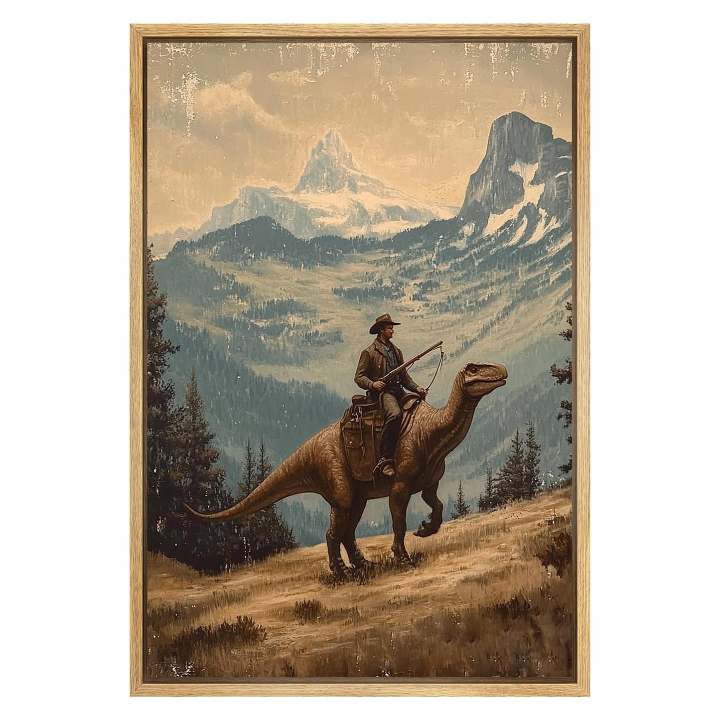 Eeuqiauot Dinosaur Wall Art Vintage Landscape Poster Western Vintage Style Wall Art Cowboy Riding Dinosaur Gothic Art Print Cowboy Vintage Wall Art Mountain Forest Poster Painting 16x24inch Unframed