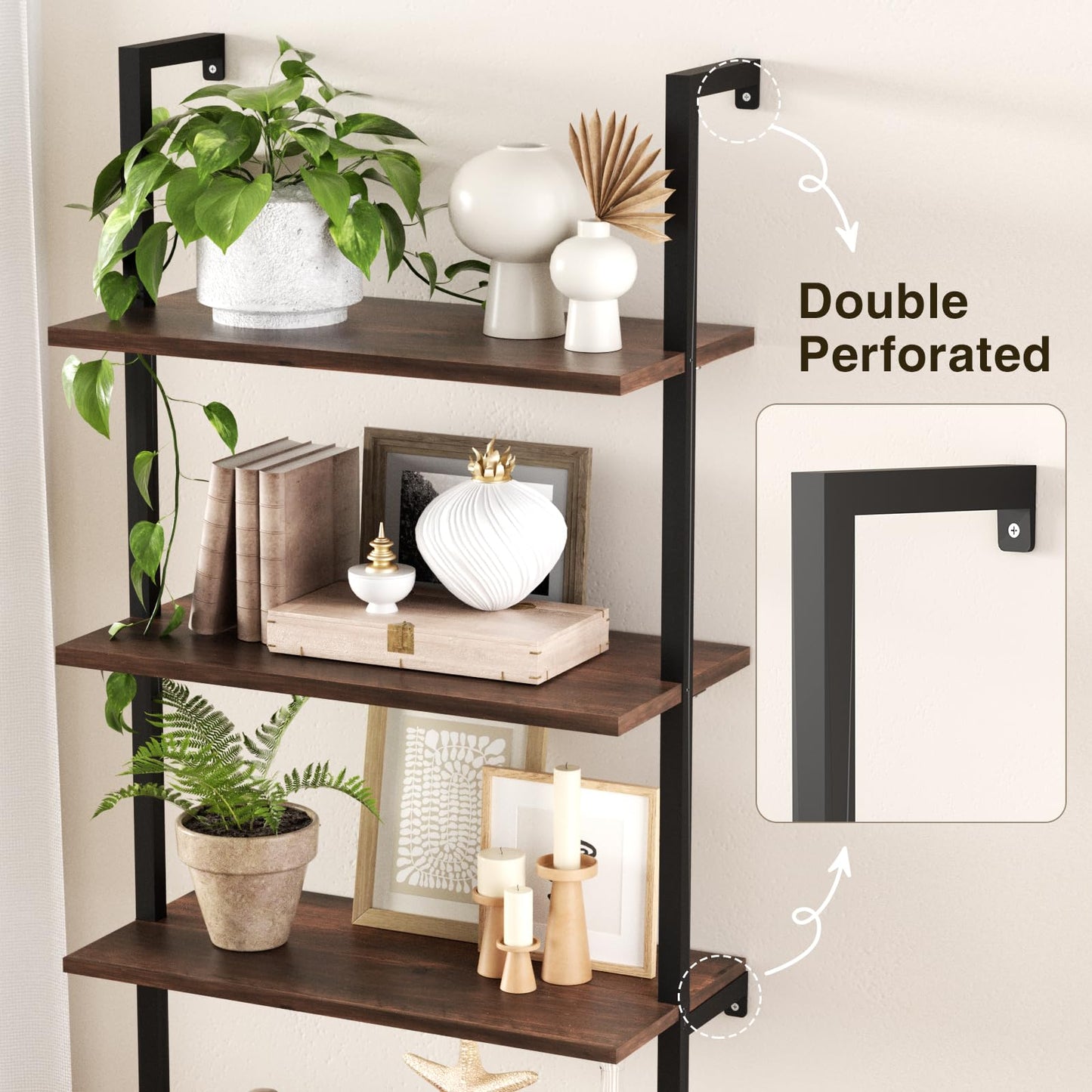 Ladder Bookshelf with Cabinet, 6 Tier Wall Mount Ladder Bookcase with Farmhouse Cabinet, Tall Open Ladder Shelf with Metal Frame for Living Room, Bathroom, Home Office, Rustic Brown
