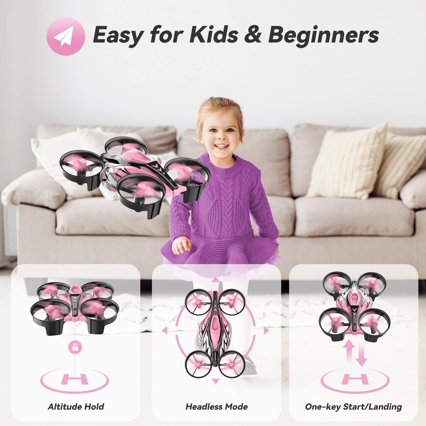 Mini Drone for Kids,Beginners,Adults,RC Small Nano Drones Quadcopter with 2-In-1 Race and Fly Mode,LED Light,Altitude Hold,3D Flip,Circle Fly,2 Batteries,Gift Toy for age 8-12 Boys and Girls Indoor