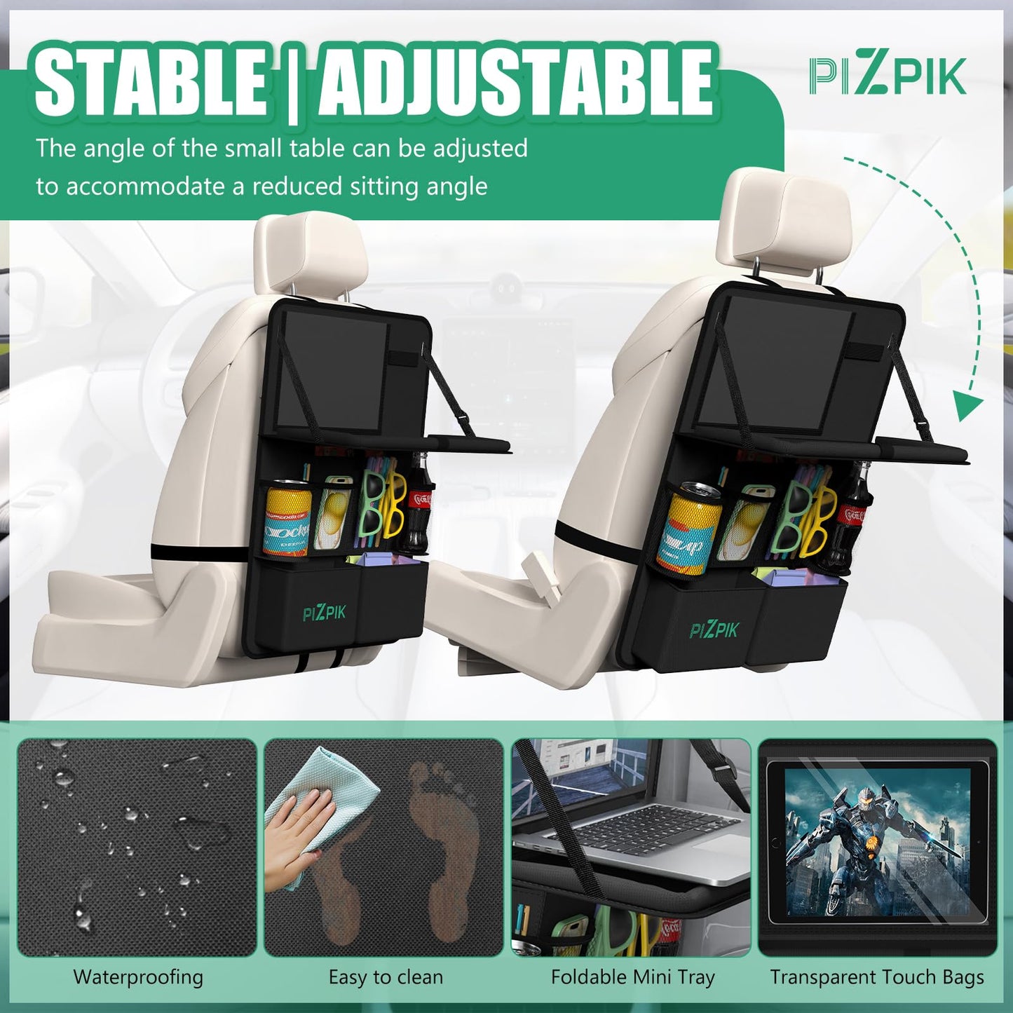 Plzpik Car Backseat Organizer with Tablet Holder,11 Storage Pockets with Foldable Food Tray, Protector Kick Mats for Kids, Travel Accessories Organizer (Black, 1Pack)