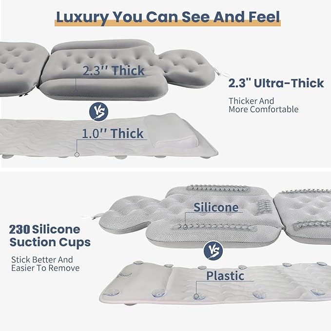 Bath Cushion, Full Body Bathtub Pillow with 160 Suction Cups, Bath Mat for Head and Neck Support, with Laundry Bag (Dark Gray, 60.2" x 16.2")