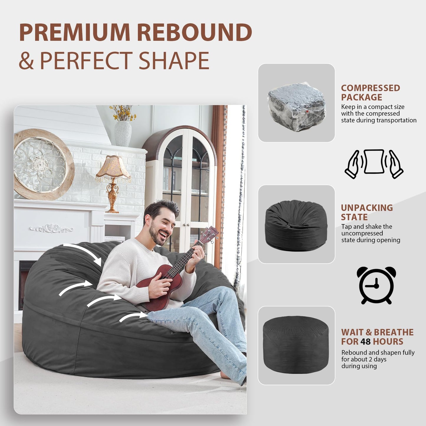 SIMFLAG 5FT Bean Bag Chair, Large Bean Bag Chairs with Memory Foam Filled, Fluffy Beanbag Sofa with Dutch Velvet Cover, Round BeanBag Chairs for Living Room, Playroom - Grey