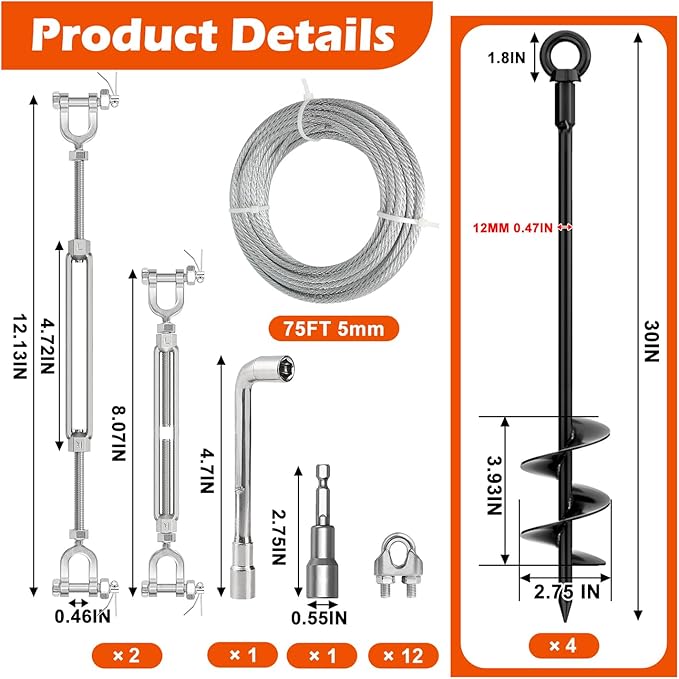 30" Ground Anchors Shed Anchors Kit with 3/16" 75FT Galvanized Cable & M6 304 Stainless Steel Turnbuckles, Heavy Duty Earth Anchors for Sheds Trees Trampoline Greenhouse Swing Set Tent, 4Pack Black
