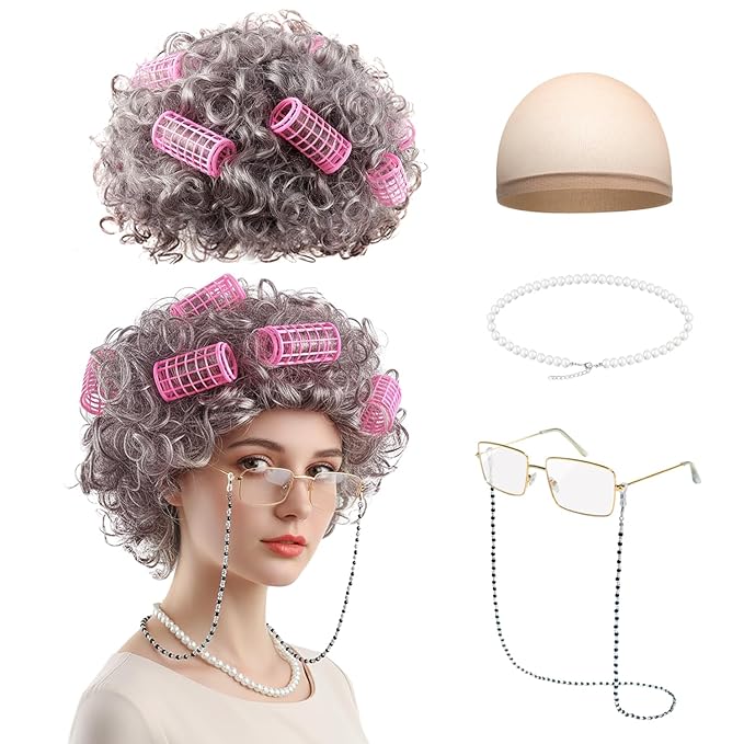 RSOEUG Old Lady Costume for Women, 5 PCS Kids 100 Days of School Grandma Wig Costume Halloween Girls Adults Cosplay Access...