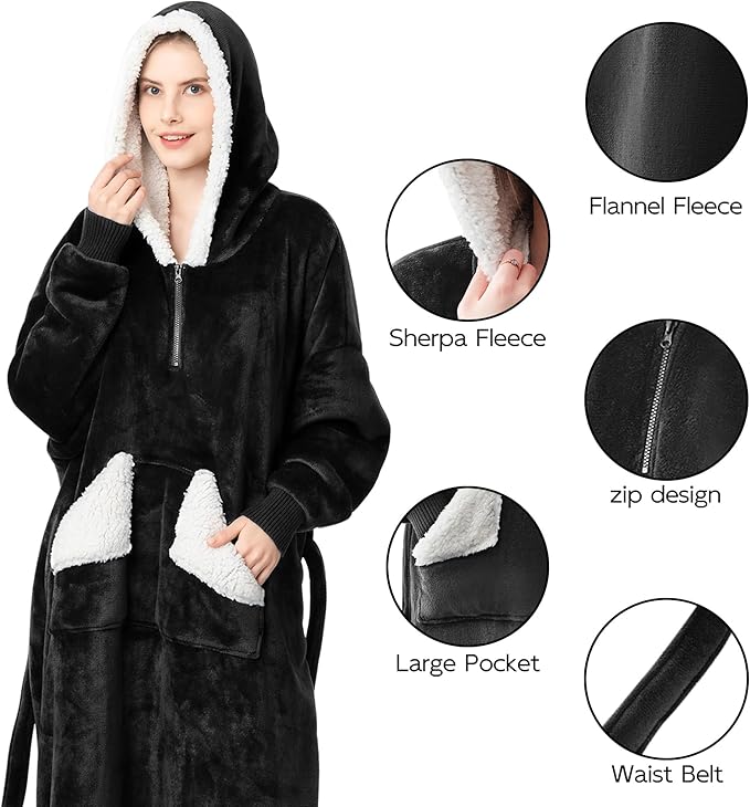 Wearable Blanket Hoodie as Gifts for Women, Long Sherpa Fleece Hooded Blankets with Oversize Hood and Pocket, Warm and Cozy Sweatshirt with Belt, Winter Gift