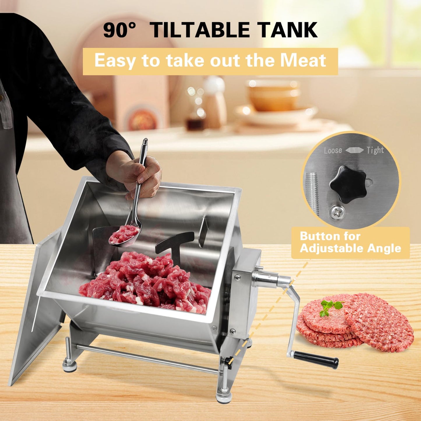 CLIVIA Manual Meat Mixer, 60 Pound Meat Mixer for Sausage, 60lbs Capacity Tilt Tank Sausage Mixer, Stainless Steel Commercial Food Processer for Meat, Vegetable, Burger, Dumplings