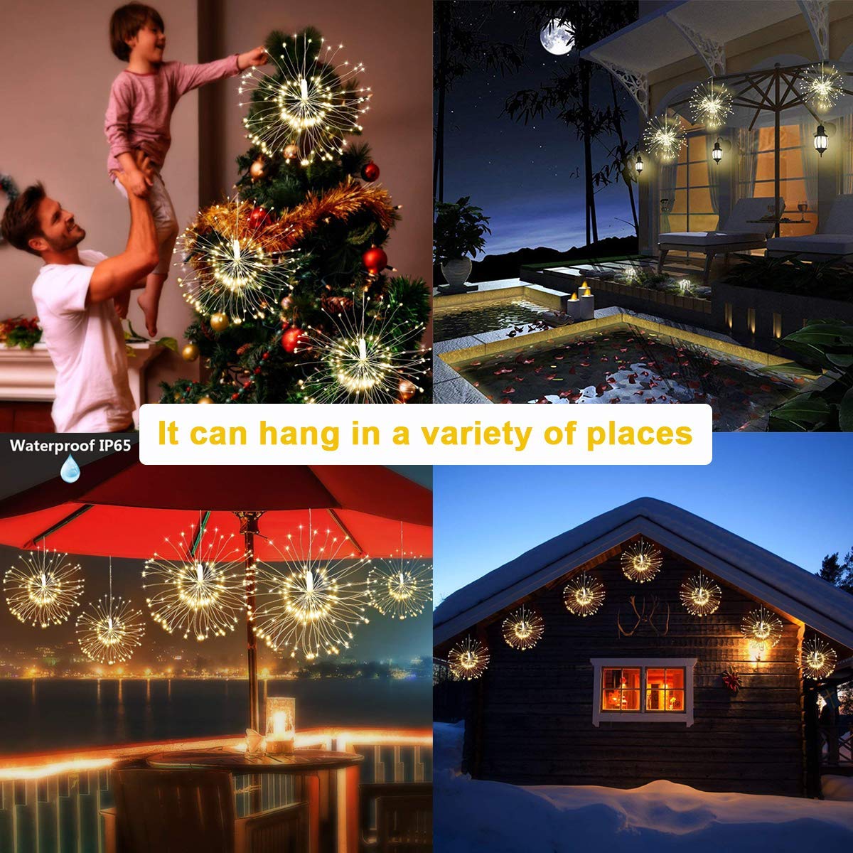 FOOING 4 Pack Firework Lights Led Copper Wire Star String Lights 8 Modes Battery Operated Fairy Lights with Remote,Wedding Decorative Hanging Lights for Party Patio Garden Decoration