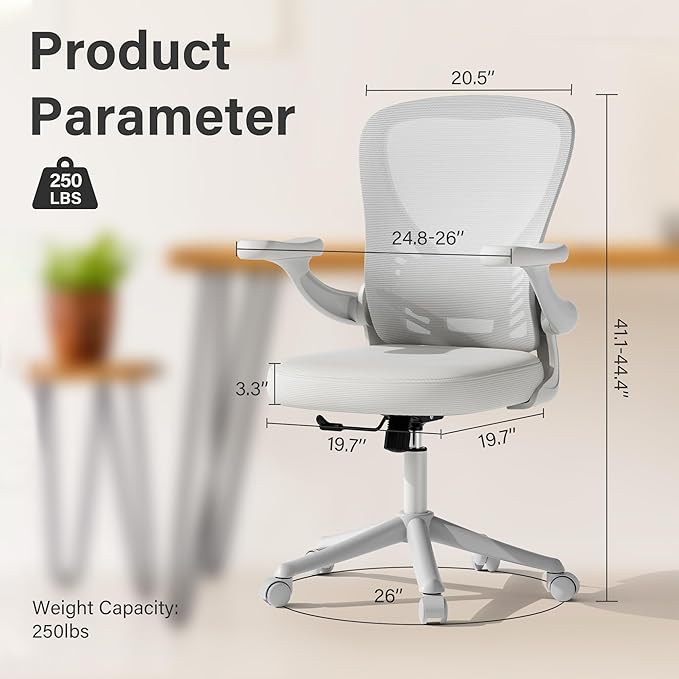 Ollega Computer Desk Chair with Wheels, Mesh Office Chair with Flip Up Arms, Adjustable Lumbar Support, Swivel Desk Chair Comfy, White