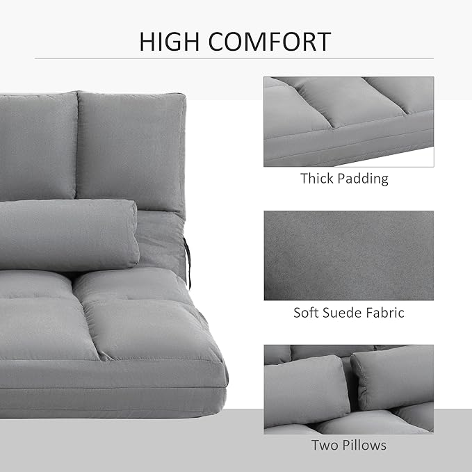 HOMCOM Convertible Floor Sofa Chair, Folding Couch Bed, Guest Chaise Lounge with 2 Pillows, Adjustable Backrest and Headrest, 51.25" L, Light Gray