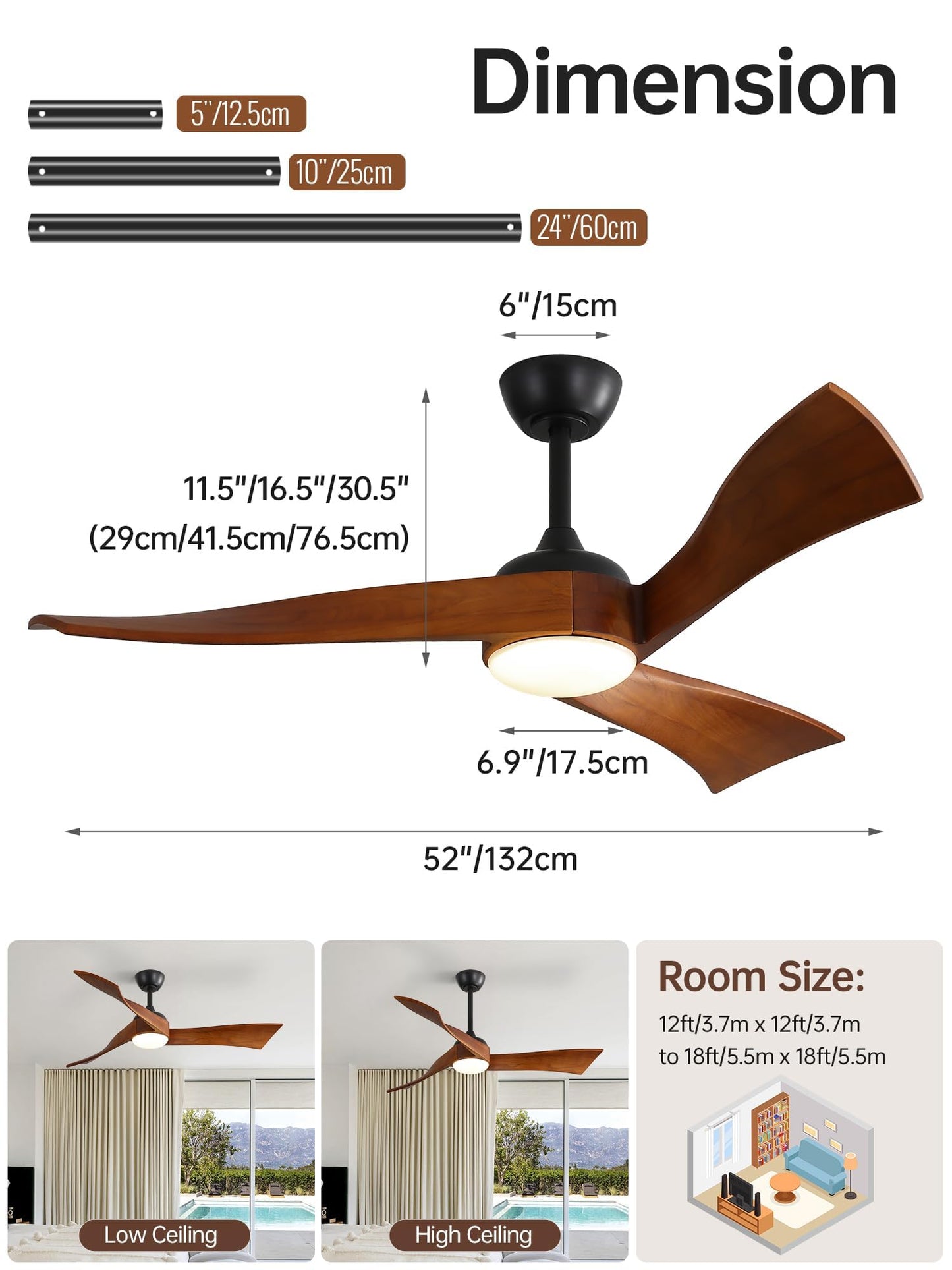 Sofucor 52 Inch Ceiling Fans with Lights, Solid Wood Indoor/Outdoor Ceiling Fan with Remote, Reversible DC Motor, 3 Blade Modern Ceiling Fan Light, Low Profile Ceiling Fans for Bedroom Patio Kitchen